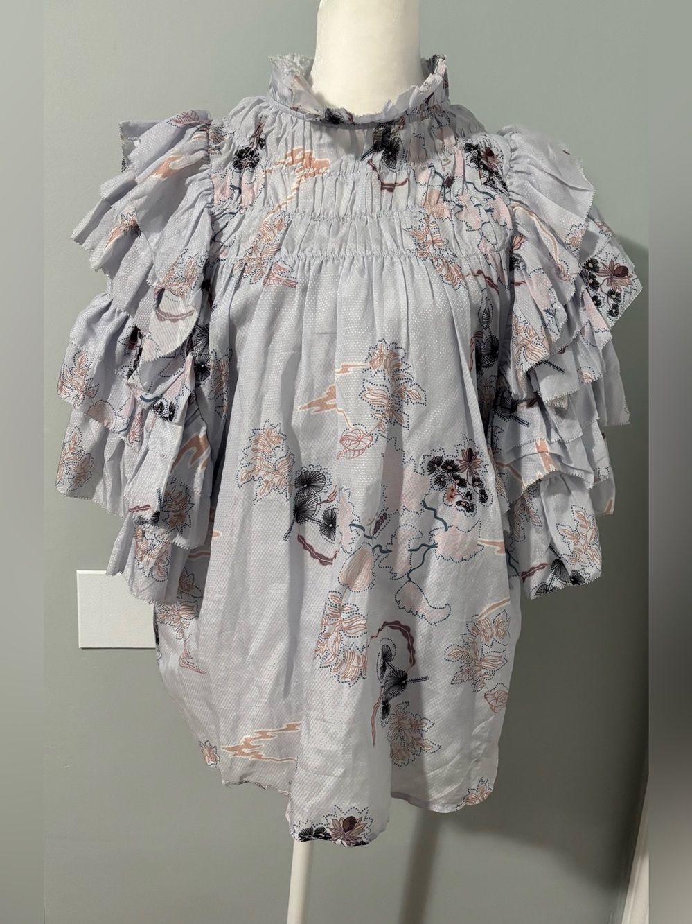 Magali Pascal. Adrienne Smocked Ruffle Sleeve Floral Blouse - Light Gray Size L